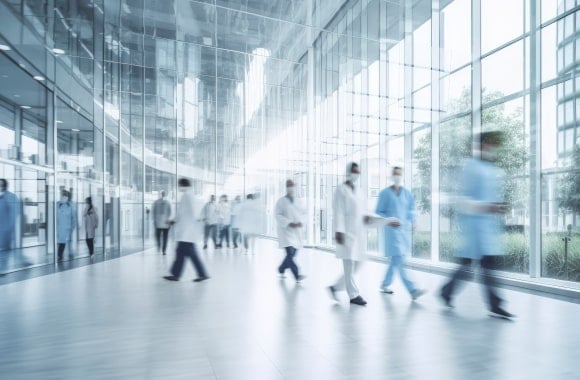 Healthcare professionals walking through modern hospital corridor representing health policy advisory services