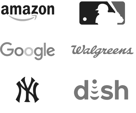 Logos of major corporations including Amazon, Google, Walgreens, MLB, New York Yankees, and Dish