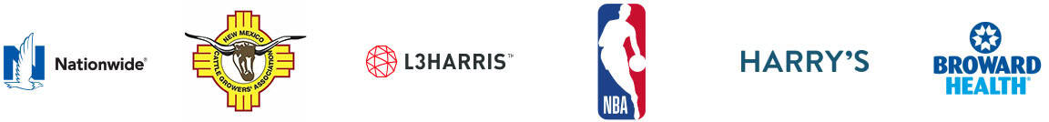 Client logos including Nationwide, New Mexico Cattle Growers’ Association, L3Harris, NBA, Harry’s, and Broward Health