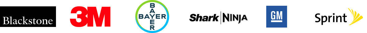 Client logos including Blackstone, 3M, Bayer, SharkNinja, GM, and Sprint