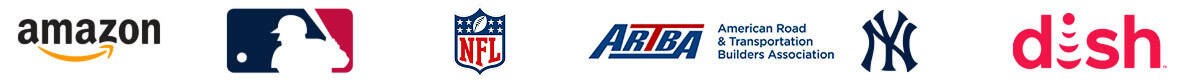 Logos of major clients including Amazon, MLB, NFL, ARTBA, New York Yankees, and Dish
