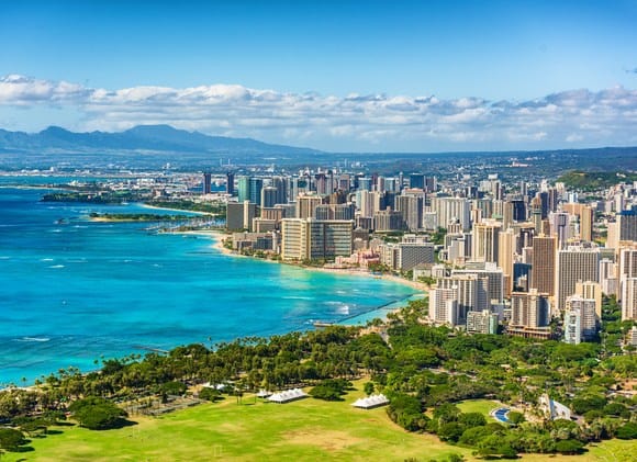 Honolulu skyline and coastline representing Civix Partners’ Hawaii government affairs presence